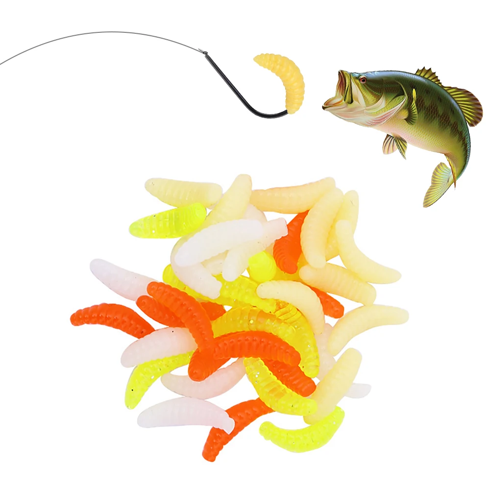 50PCS/Bag Bionic Soft Bread Worm Silicone Artificial Baits Maggot Grub Glow Shrimps Fish Lures Fishing Carp Fishing Accessories