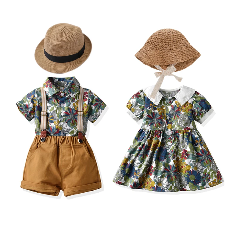 Boys Clothes for Kids Clothes Girls and Boys Matching Outfit Birthday Brown Shirt Tops with Suspender Pants Flower Girls Dress
