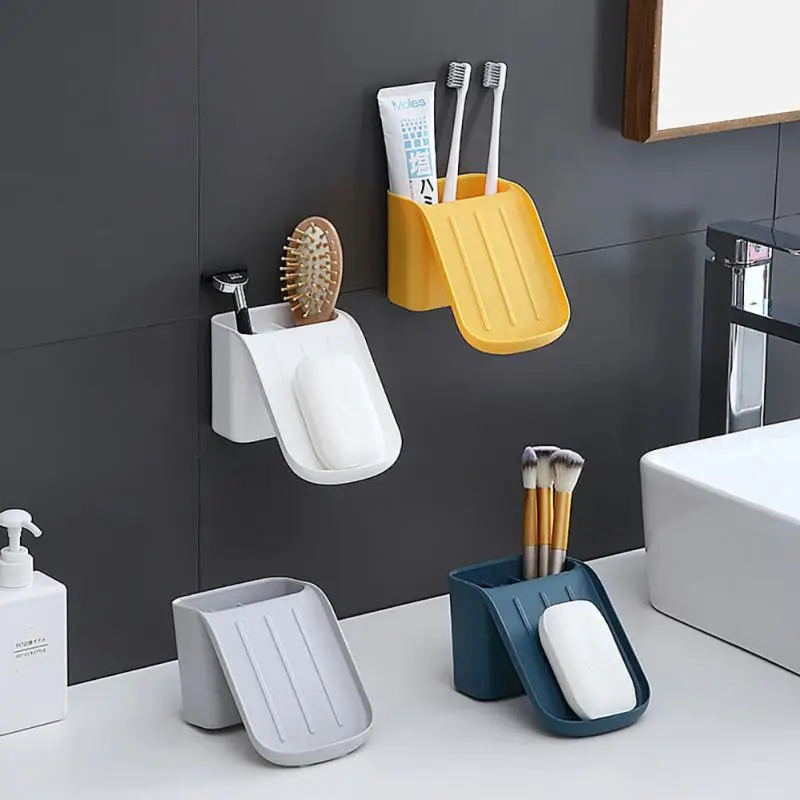 

Punch-free Suction Bottom Draining Storage Rack Wall-mounted Soad Box Bathroom Waterproof Toothbrush Holder Sundries Organizer