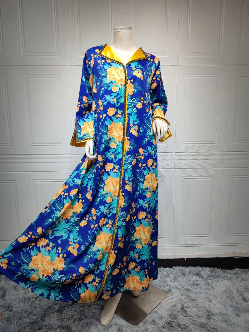 Women Abaya Kaftan Dubai Luxury Long Dresses Elegant Casual Floral Print Diamonds Navy Collar Satin Dress Gorgeous Party Style