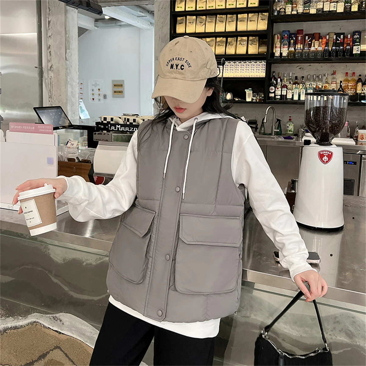 Autumn and Winter 2022 New Korean Waistcoat Women's Round Neck Down Cotton Vest Waistcoat Waistcoat Loose Oversize Jacket