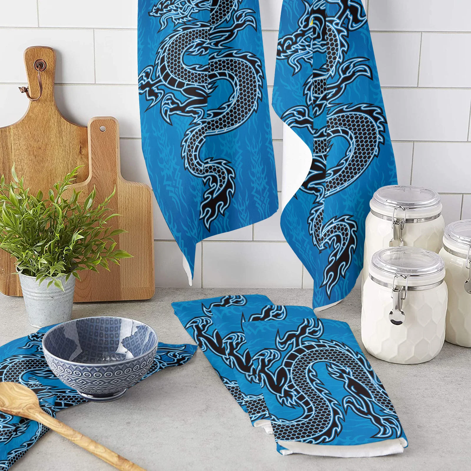 

Chinese Style Black Dragon Blue Kitchen Towel Microfiber Rags Cleaning Cloth Home Washing Dish Cleaning Tools
