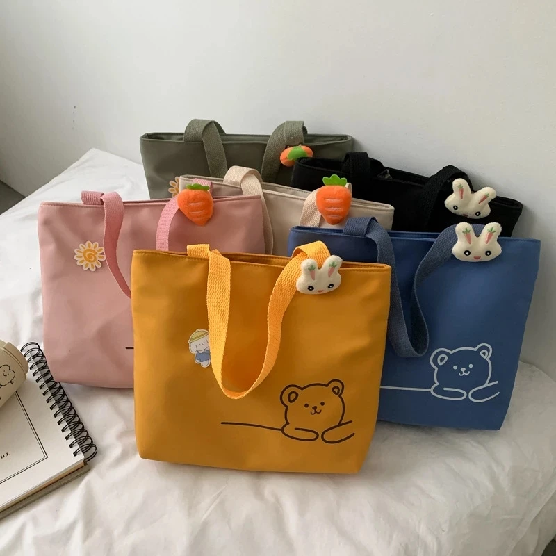

2022 New Canvas Bag Women Summer Simple Fresh Small Square Handbag Cute Cartoon Printed Shoulder Bags Students Bags