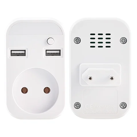 Настенный адаптер с двумя розетками и двумя портами USB 5V 2A