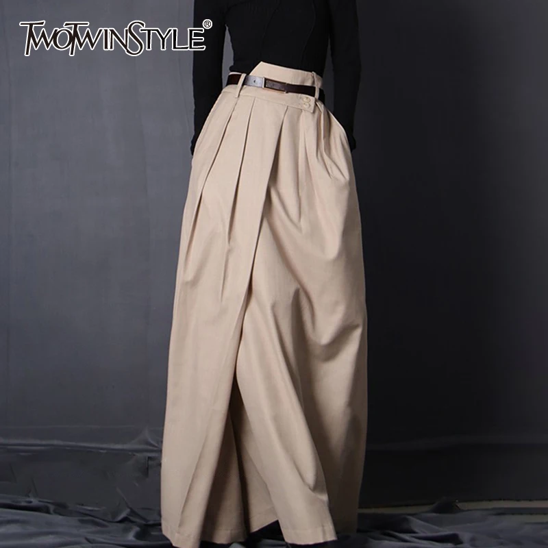

TWOTWINSTYLE Apricot Pleated Loose Irregular Skirt For Women High Waist Minimalist Casual Skirts Female 2022 Summer Fashion