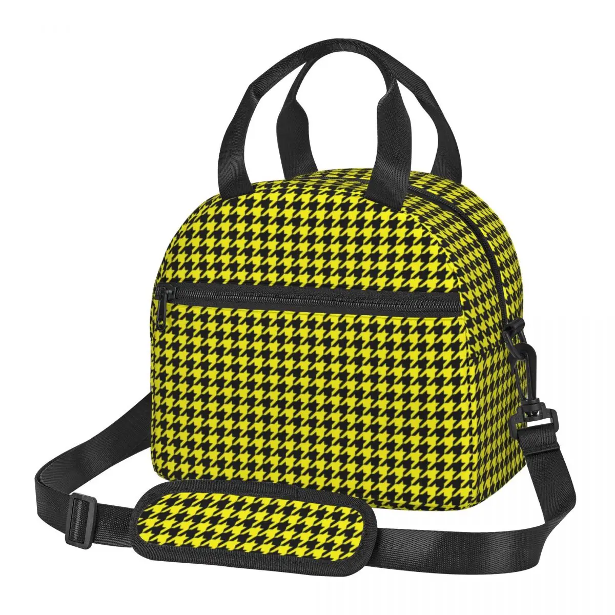 

Elegant Houndstooth Lunch Bag For Child Black and Yellow Lunch Box Vintage Beach Cooler Bag Portable Oxford Thermal Lunch Bags