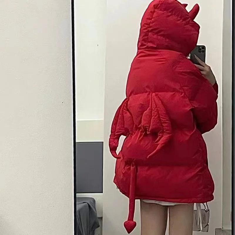 Emo Winter Women Streetwear Harajuku Korean Jackets Parkas Zipper Jacket Devil Horn Hoodie Warm Ladies Down Coats Alt Clothes