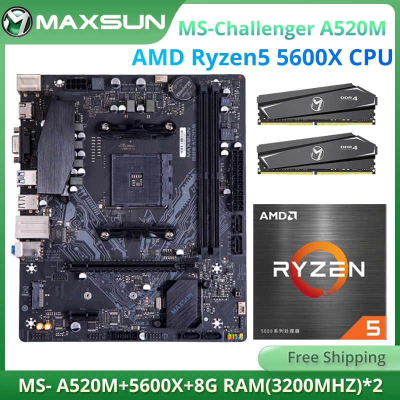 

MAXSUN новая материнская плата AMD A520M с AMD Ryzen 5 5600X CPU RAM DDR4 8GBx2 = 16 Гб 3200 МГц десктопный ПК Материнские платы комплект M.2 SATAIII