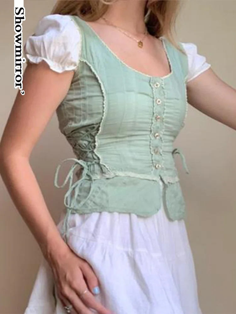 

Облегающий топ без рукавов Showmirror из сказочного зеленого материала с кружевной отделкой, милая одежда Y2K, приталенный базовый милый жилет на ...