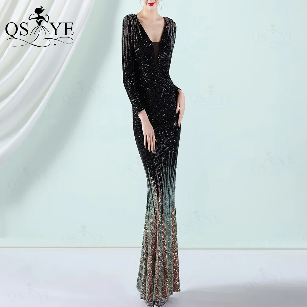 

Black Sequin Evening Dress Crisscross V neck Mermaid Prom Gown Long Sleeves Ruched Fitted Party Dress Fading Sequin Formal Gown