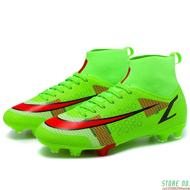 

2022 New Firm Ground Football Boots Men&Woman Knitted High Upper TF Soccer Shoes Trainning Shoes Lace-up Slip-Up Design