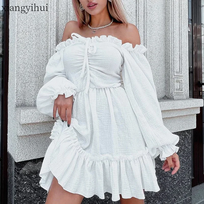 

100%Pure Cotton White Puff Sleeve Dress Women Mini Female High Waist A-line Cute Girl Long Sleeved Slash Neck Ruffles Dresses