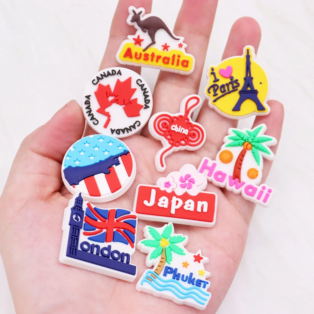 

Mix 50PCS PVC Shoe Charms National Logo Hawaii Japan Australia Pais China American Canada Croc Jibz Buckle Fit Wristbands Gift