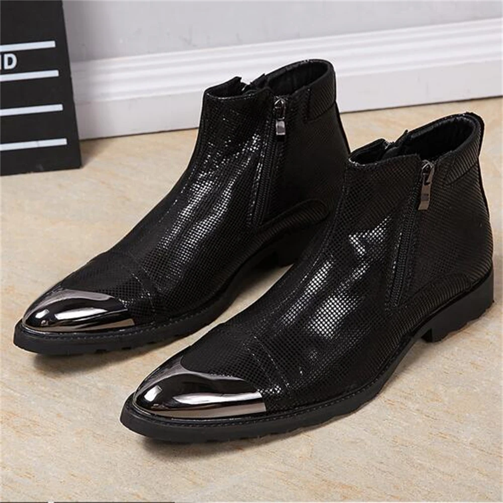 

Black With Metal Zipper Leather High Heels Pointed Toe Boots Male Plus Size British Style Business Fashion Party Dress Shoes