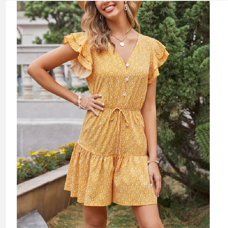Ruffled Sleeve Yellow Rompers Overalls for Women Casual Beach Boho Summer Playsuits Romper Short Jumpsuit Ropa De Mujer