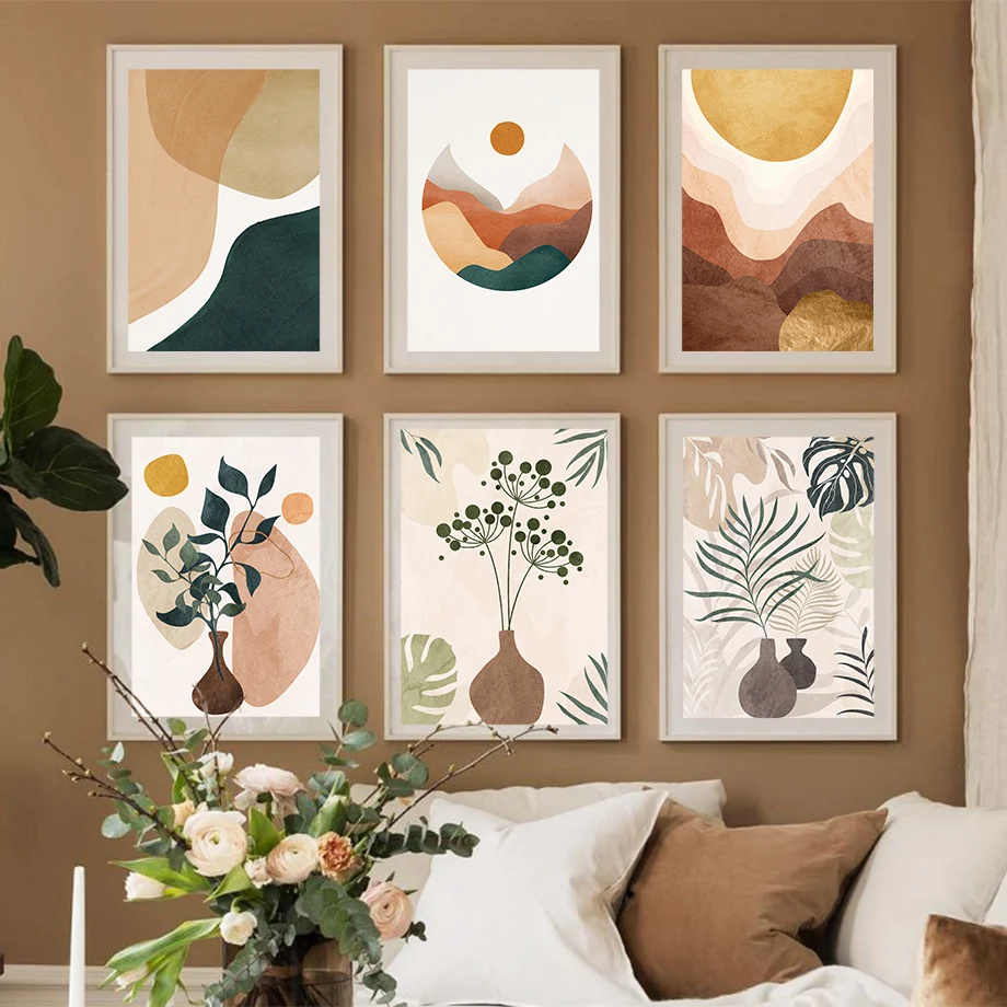 Скандинавский постер с листьями вазой солнцем каньонами геометрический