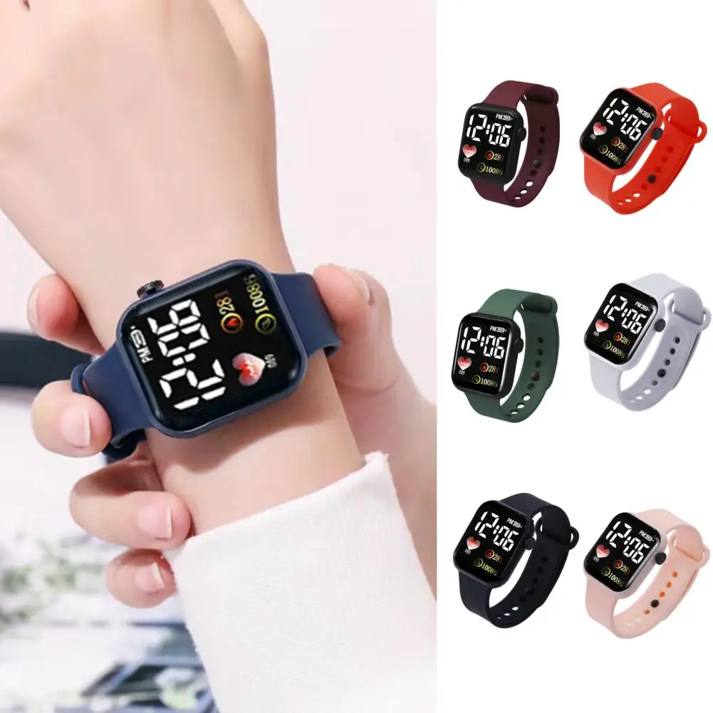 

Electronic Watch Luminous Square Dial Non Waterproof Adjustable Comfortable Precise Time Heart Print Kids LED Digital Sport Wris