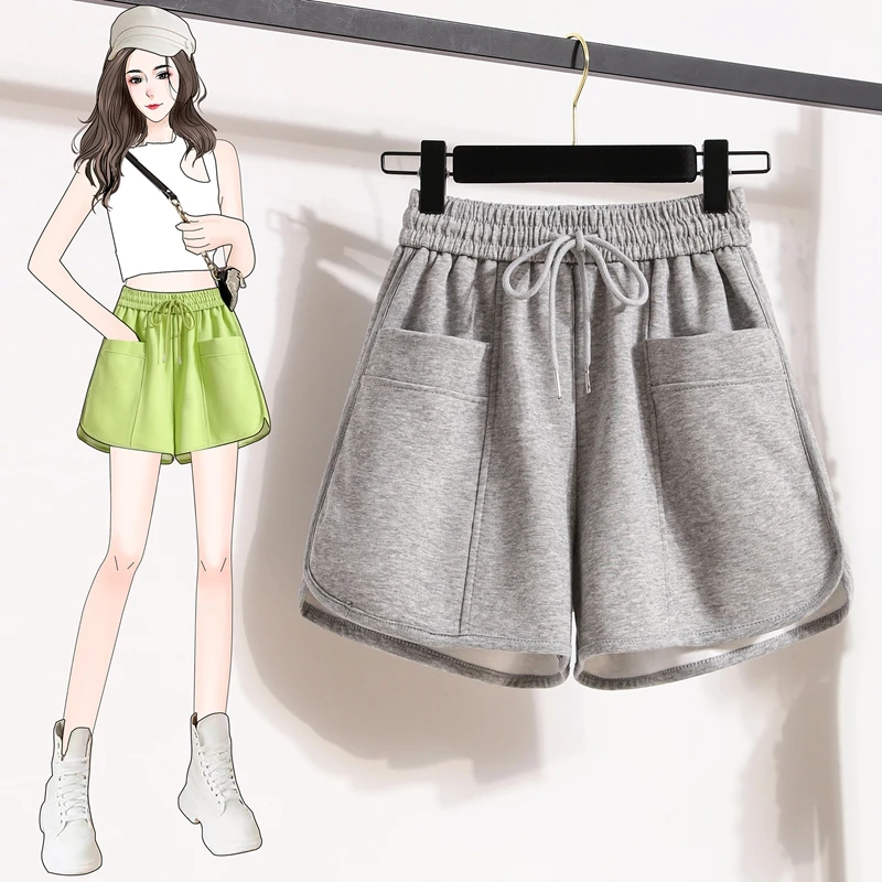 Y2K Streetwear Summer Sport Shorts Women's Casual Loose Elastic High Waist Pocket Black White Sportswear Wide Leg Bermuda Shorts