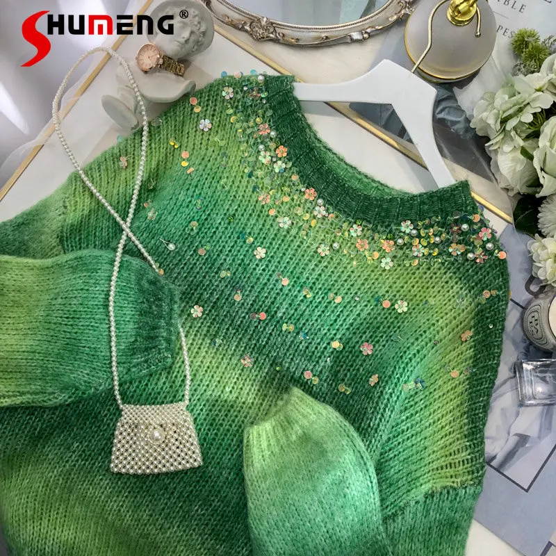 French Sweet Color Matching Sequins Beaded Sweater Ladies Romantic Loose Women's Spring Clothing New Long Sleeve Knitwear Top