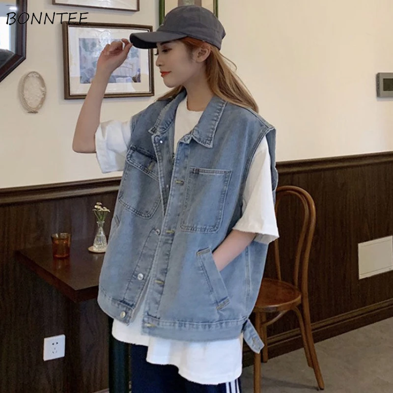 

Denim Vests Women Sleeveless Loose All-match Harajuku Retro Solid Trendy New Outwear Vintage Boyfriend Ulzzang Chic Young Ladies