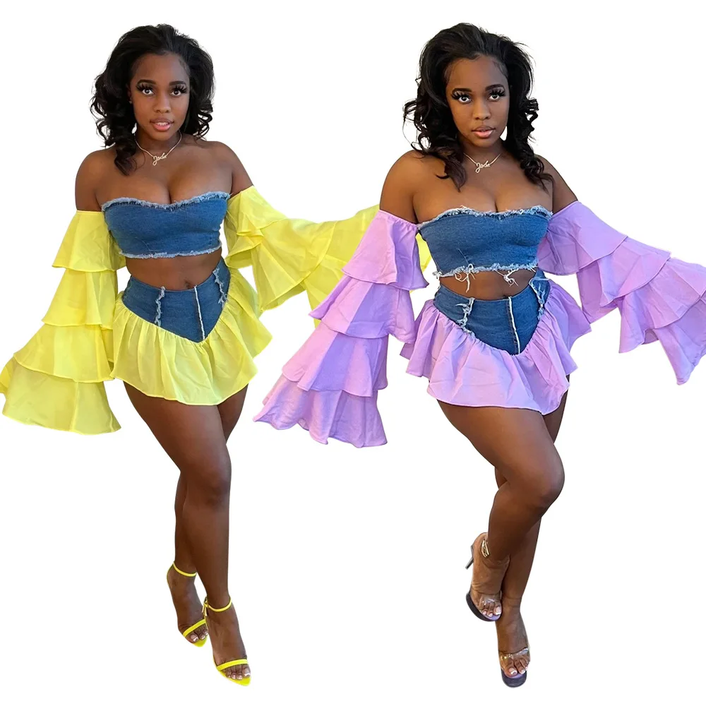 

Adogirl Sexy Women Two Piece Set Summer Long Flare Sleeve Denim Crop Top Jean Skirt Chic Matching Set Tracksuit Female Outfits