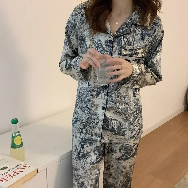 Ice Silk Pajamas Women's Spring Simple Ink Painting Shirts Trousers Two-piece Lapel Cardigan Women's Luxury Casual Home Wear