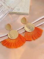 tassel decor round drop earrings for women fan shaped tassel earrings bohemian handmade geometric hollow earrings