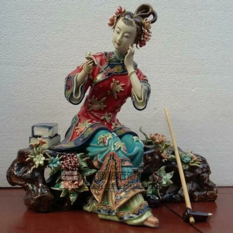

10" Wucai Porcelain Ceramic Statue Women's Lady Dream of Red Lin Daiyu Statue