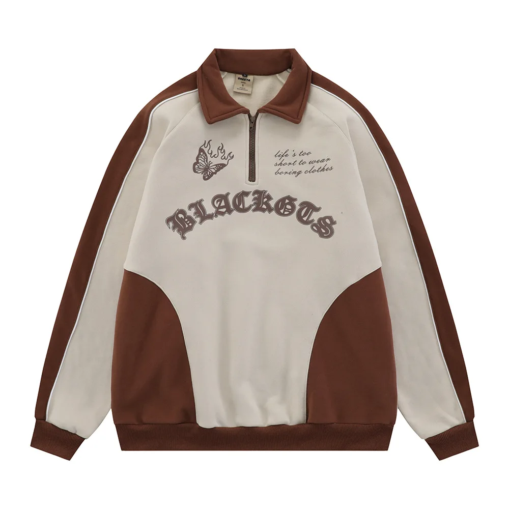 

Fashion Contrast Color Stitching Plus Velvet Lapel Sweater Polo Collar Men's Casual Loose Half Zipper Pullover Women Hoodies