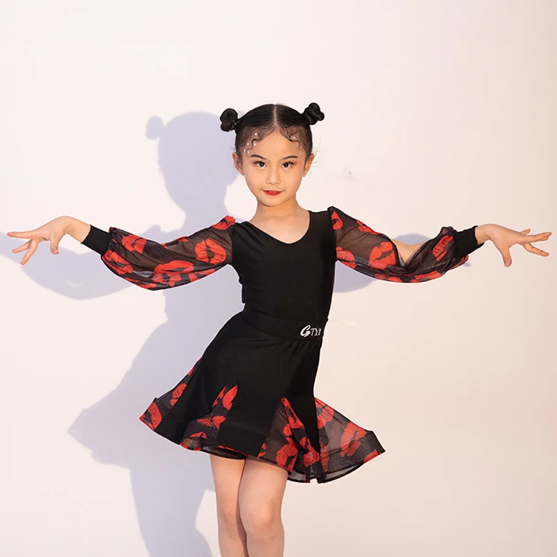 Детские платья для латиноамериканских танцев с вырезом и принтом губ девочек