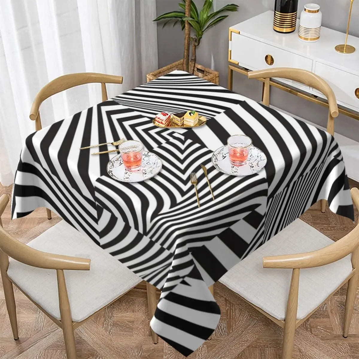 

Retro Mod Squared Tablecloth Abstract Stripes Protection Birthday Party Table Cover Cute Printed Polyester Cheap Table Cloth