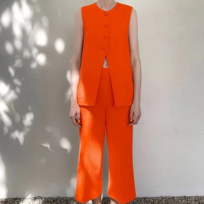 

2022 Summer Women Sleeveless O Neck Tweed Vest Jacket High Waist Loose Breasted Ninth Wide Leg Trousers Two Piece Suit BB22577