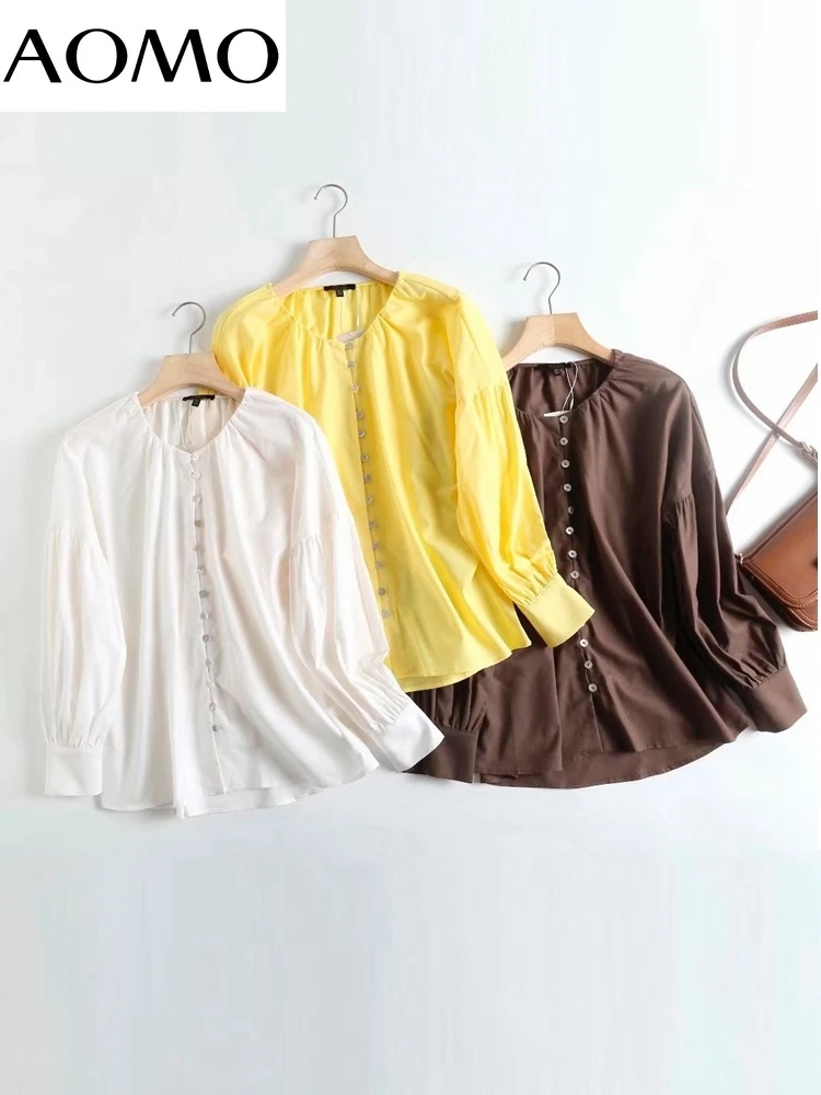 

AOMO 2022 Women Loose Solid Cotton Linen Blouse Long Sleeve Chic Female High Street Shirt 4C63A