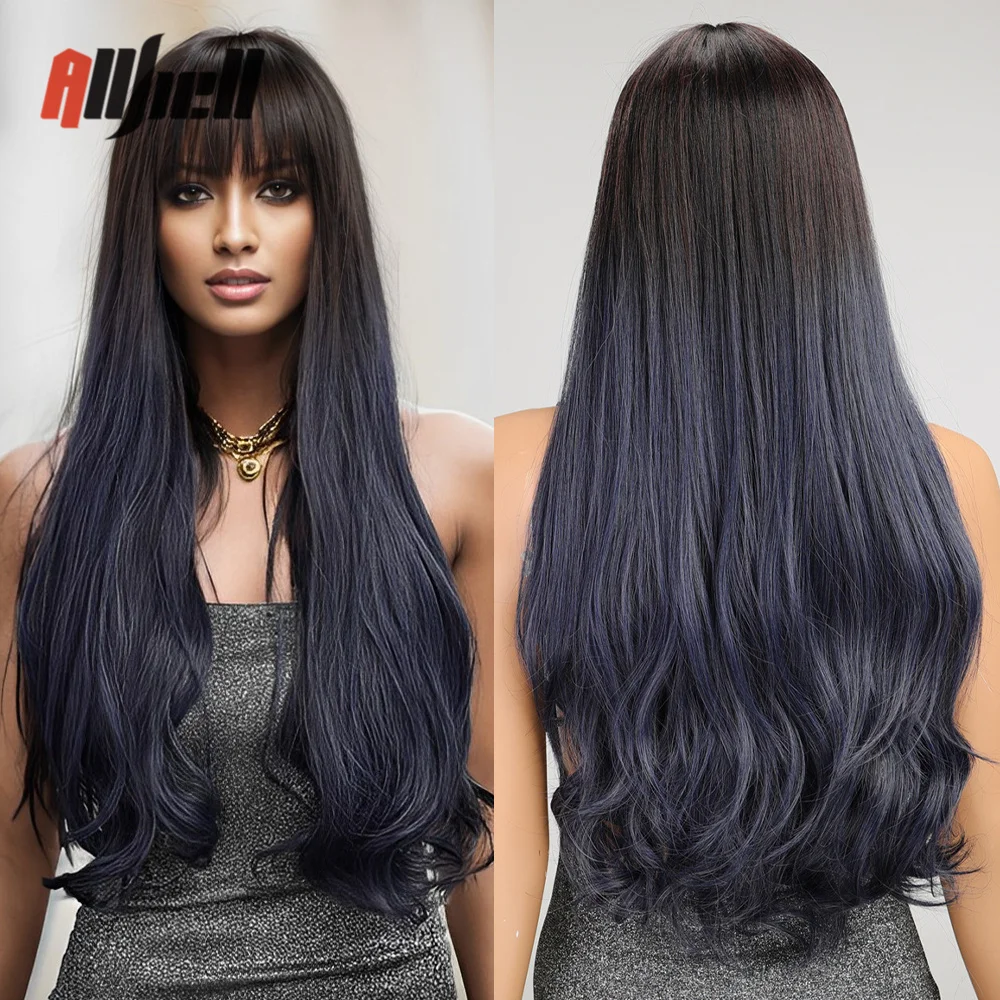 

Black Brown Ombre Blue Wig Synthetic Long Wavy Wig with Bangs for Women Afro Heat Resistant Fibre Daily Use Cosplay Fake Hair