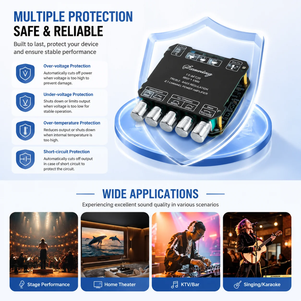 Плата усилителя Bluetooth YS-MT21 2.1-канальная, 200 Вт, Hi-Fi стерео, AUX, регулировка басов и высоких частот, усилитель мощности для сабвуфера, DC 12-24В, Bluetooth 5.1 (art.: 3920dbf376597) - 3920dbf376597