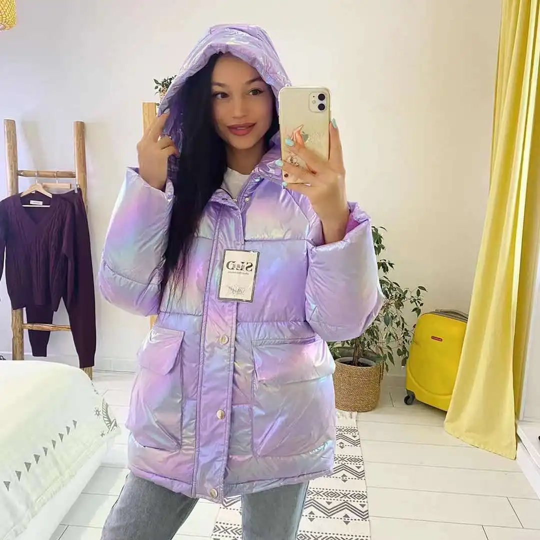 Enlarge Bright-faced Cotton Clothing Women Winter 2023 New Cotton Women Loose Plus Thick Down Cotton Clothing