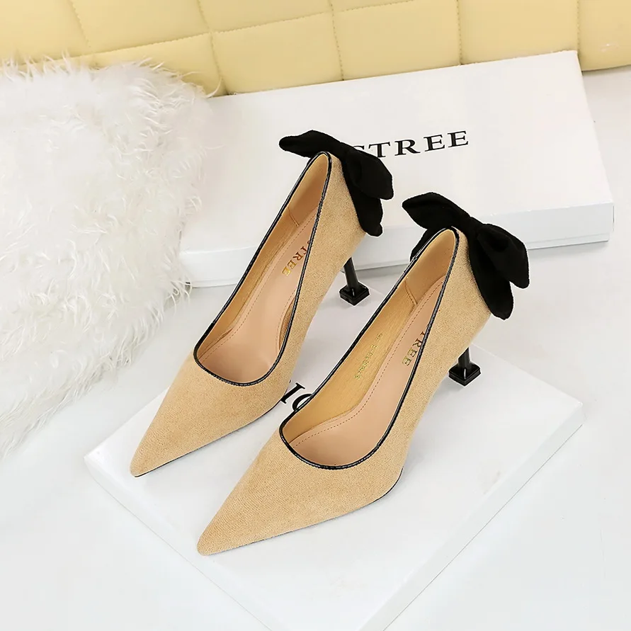 

BIGTREE Shoes Bow High Heels Shoes Women Pumps Spring Summer 2023 Suede Pointed Toe Sexy Stiletto Party Banquet Dress Shoes