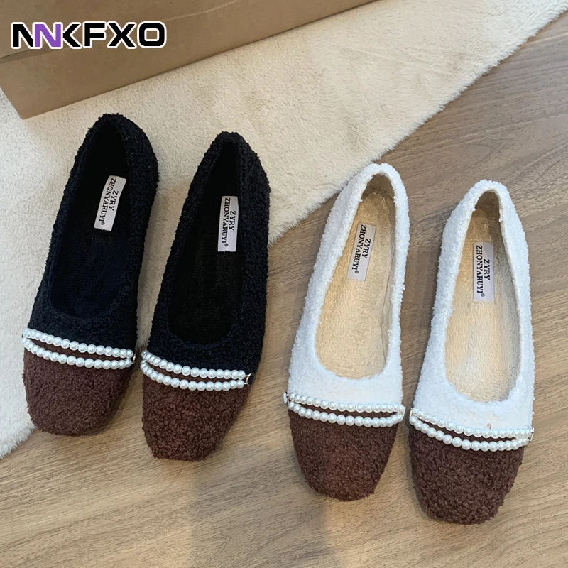 

Женские меховые туфли на плоской подошве, Зимние теплые плюшевые туфли, женские бархатные Мокасины с бусинами, балетки, эспадрильи с квадра...