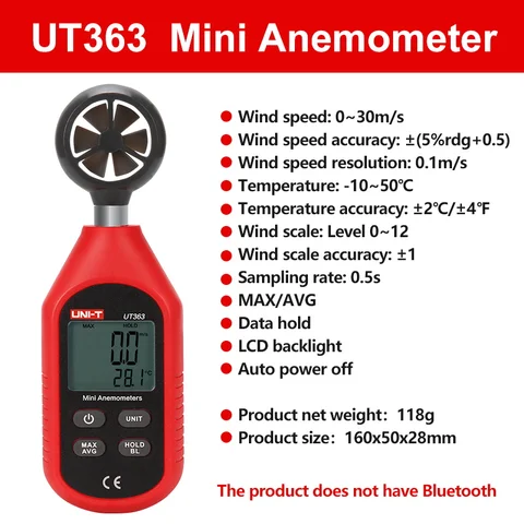 Ручной анемометр UNI-T UT363, цифровой измеритель скорости ветра, температуры, с ЖК-дисплеем