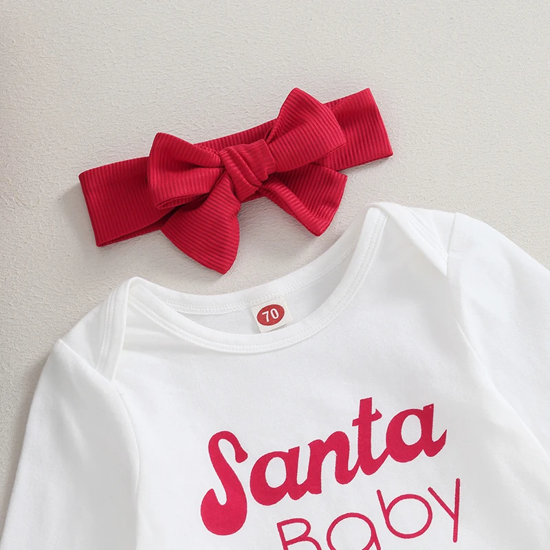 

Baby Girl Christmas Outfits Letter Print Crew Neck Long Sleeve Rompers Solid Color Flare Pants Headband 3Pcs Fall Clothes Set
