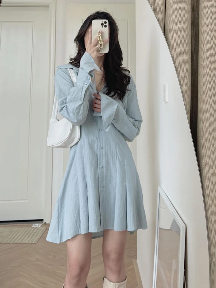 

2022 New Women Spring Shirt Dress Korean Style Slim Turn Down Collar A-line Female High Waist Long Sleeve Mini Dresses Elegant
