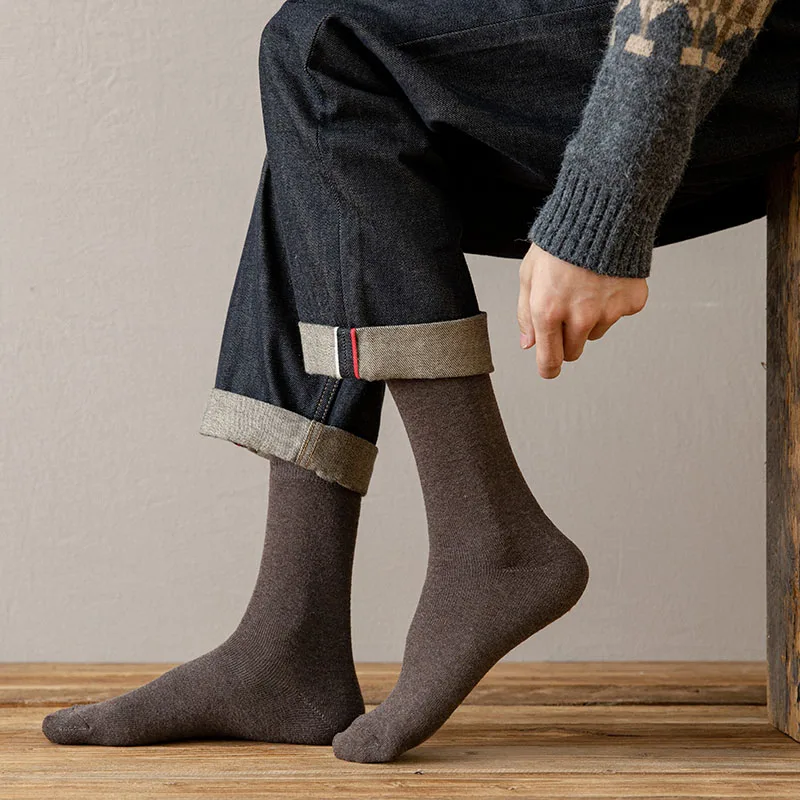 Winter Thickened Pure Cotton Men's Socks Plus Size Harajuku Retro Business Warm Men's Solid Color Long Socks 5 Pair