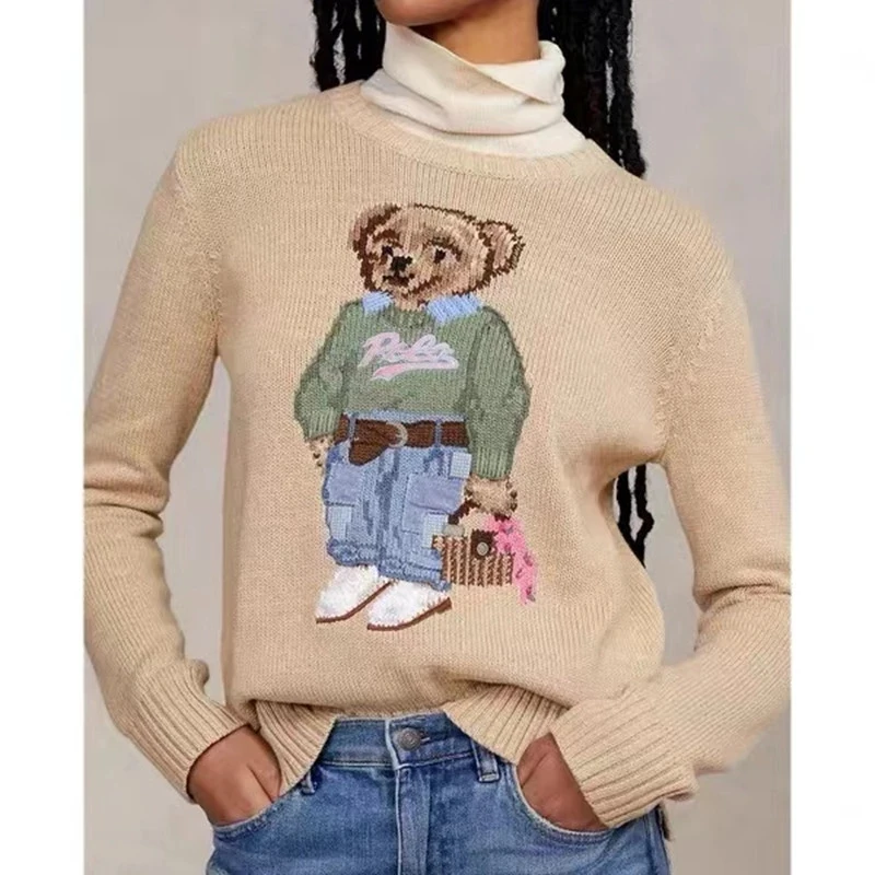 RL Women's Cartoon Bear Embroidery Sweater Fashion Long Sleeve Knitted Pullover Sweater Wool Cotton Soft Unisex Knit Pullover