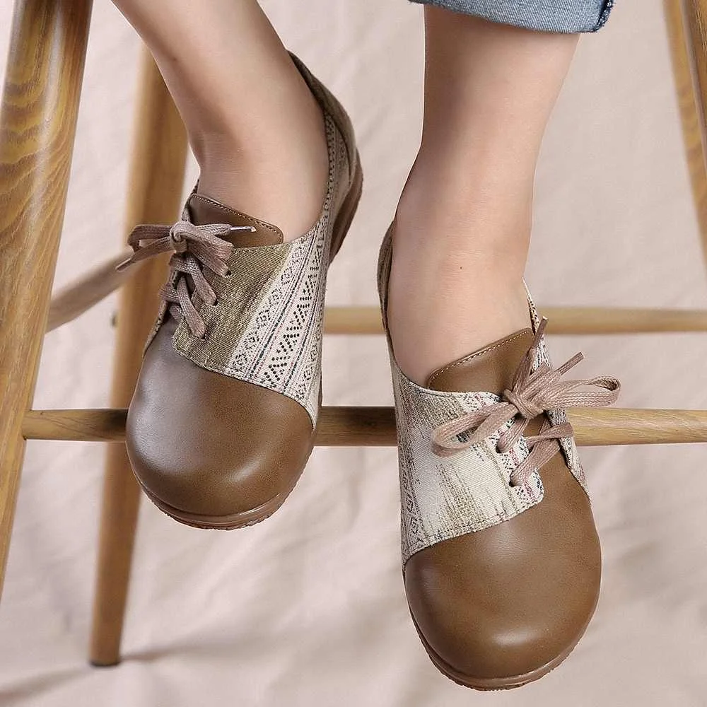 

2022 New Bowknot Lace Up Women Shoes Printing Slip Resistant Casual Flat Shoes Canvas Leather Slip On Shoes Ladies Loafers