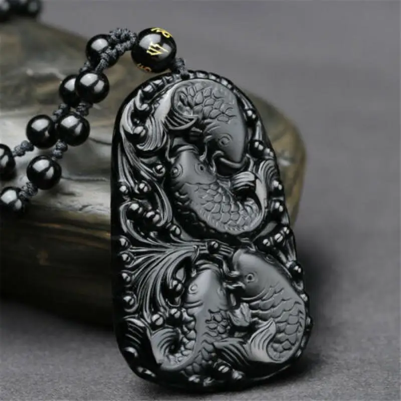 

Carved 4 Fishes Obsidian Pendant Necklace Yoga Handmade Buddhism Wristband
