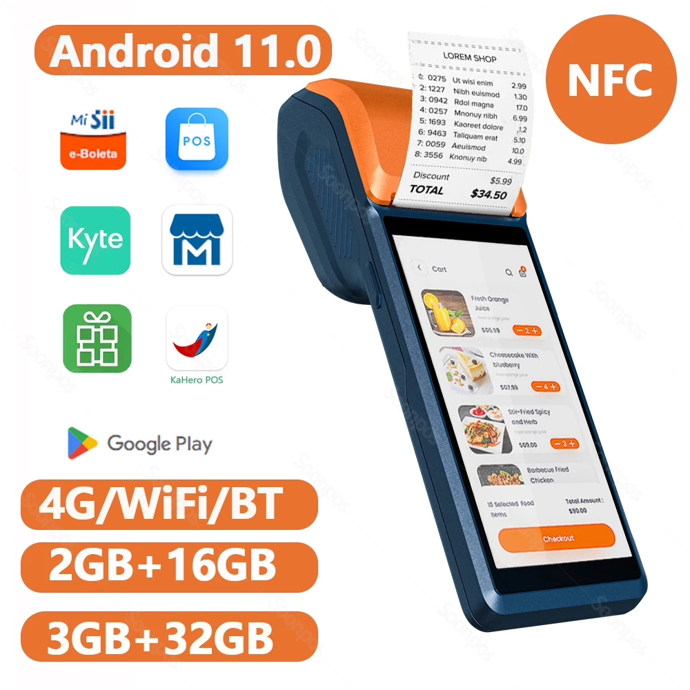 

Soonpos 3G+32G Android 11 PDA Handheld POS Terminal With 58mm Thermal Printer 4G Bluetooth WiFi GPS 5.5 Inch Touch Screen NFC 2D