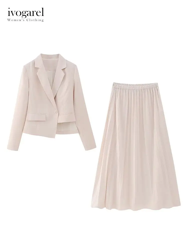 

Ivogarel Woman's Beige Suit Skirt Set Asymmetric Front Blazer High-Waist Pleated Skirt Business Office Wear Commuter Clothing