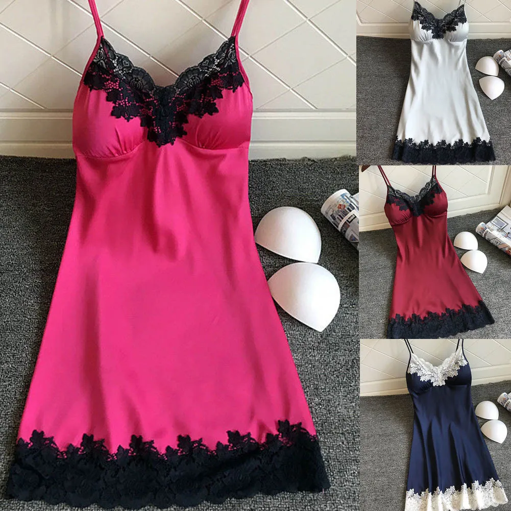 

Sexy Erotic Nightdress With Pad Ladies Fashion Lace Patchwork V Neck Backless Spaghetti Strap Sleepwear Female Nightgown