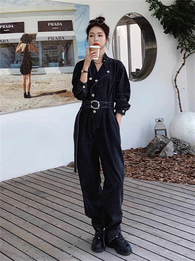 

Женский джинсовый комбинезон с длинным рукавом, черный свободный комбинезон в стиле хип-хоп, джинсовый комбинезон с поясом в японском стиле...