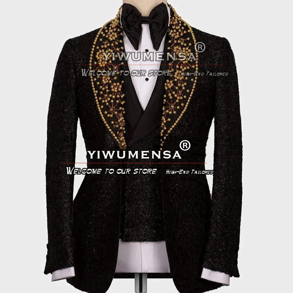For Men Black Lurex Gold Pearls Blazer Sets Formal Groom Tuxedo Plus Size 3 Pieces Banquet Elegant Dress